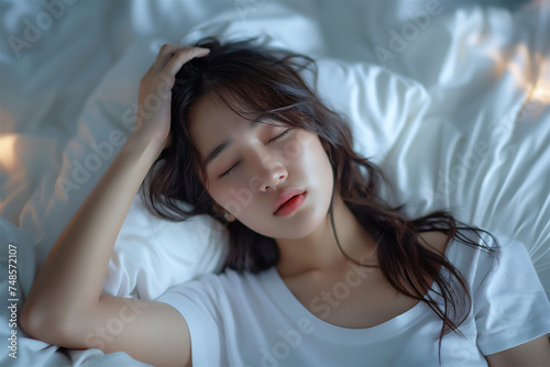 An Asian woman wakes up from sleep, holding a sore head, white clothes and a white mattress.