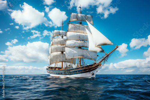 
a wind sailing ship in the ocean with a blue sky background.
