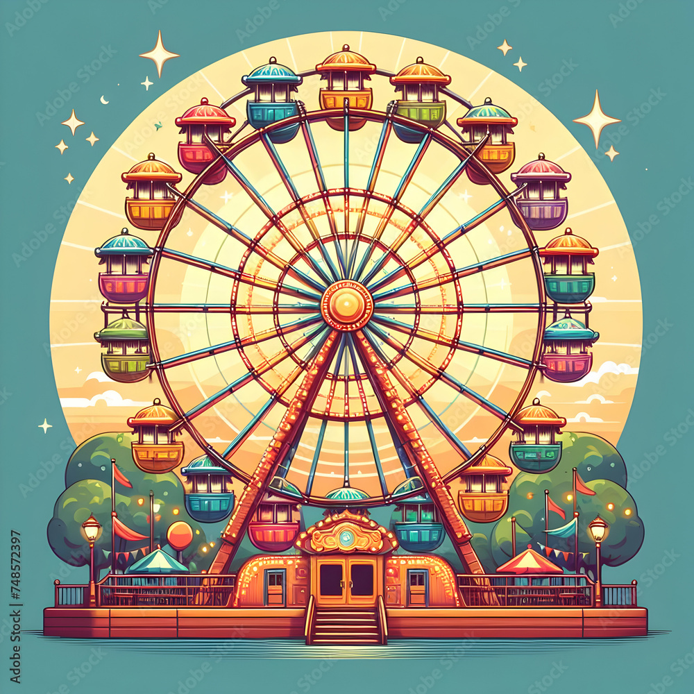 ferris wheel on a day  fair, night, wheel, carousel, fun, amusement, carnival, ride, colorful, ferris, china, temple, architecture, entertainment, amusement park, festival, christmas, asia,Ai generate