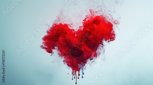 a red heart shaped cloud of smoke on a white background with a drop of blood on the left side of the image.
