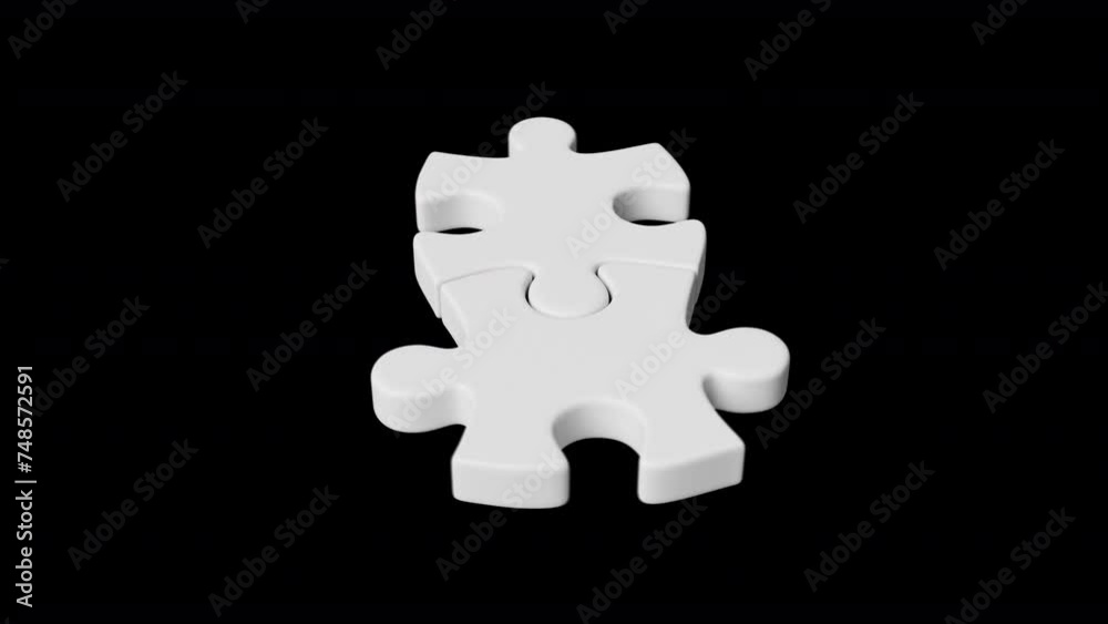Two white jigsaw puzzle pieces getting connected on black background