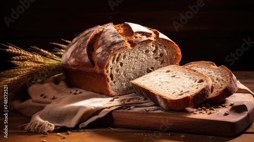 A fresh loaf of bread with ears of rye and wheat on a wooden background. Home production. Healthy carbohydrates, natural products.