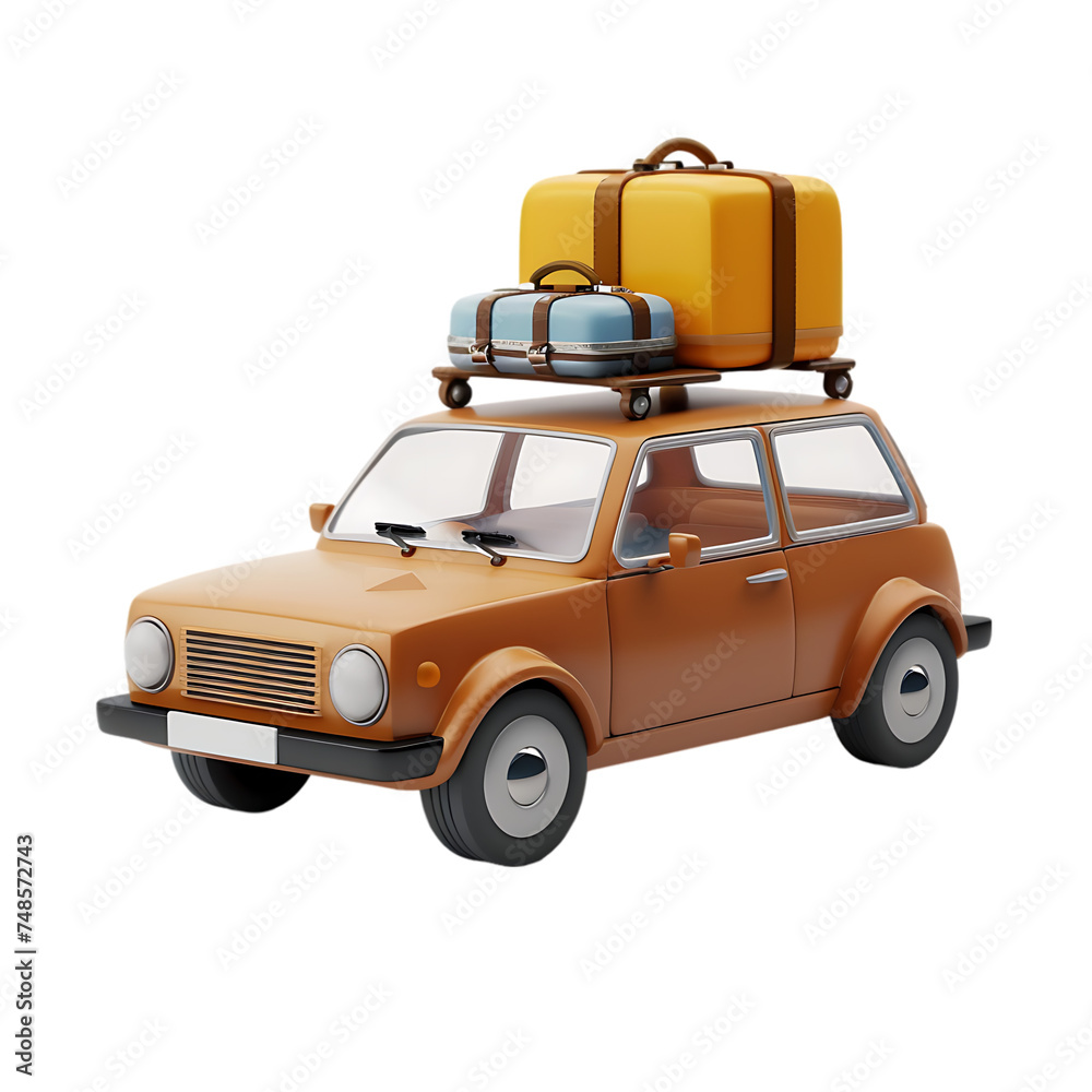 3d Car with Luggage isolated on a transparent or white background, png