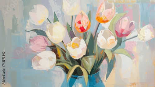 Beautiful painting of a posh bouquet of spring tulips in a vase done with acrylic paint in pastel colors. Still life hand painted oil picture