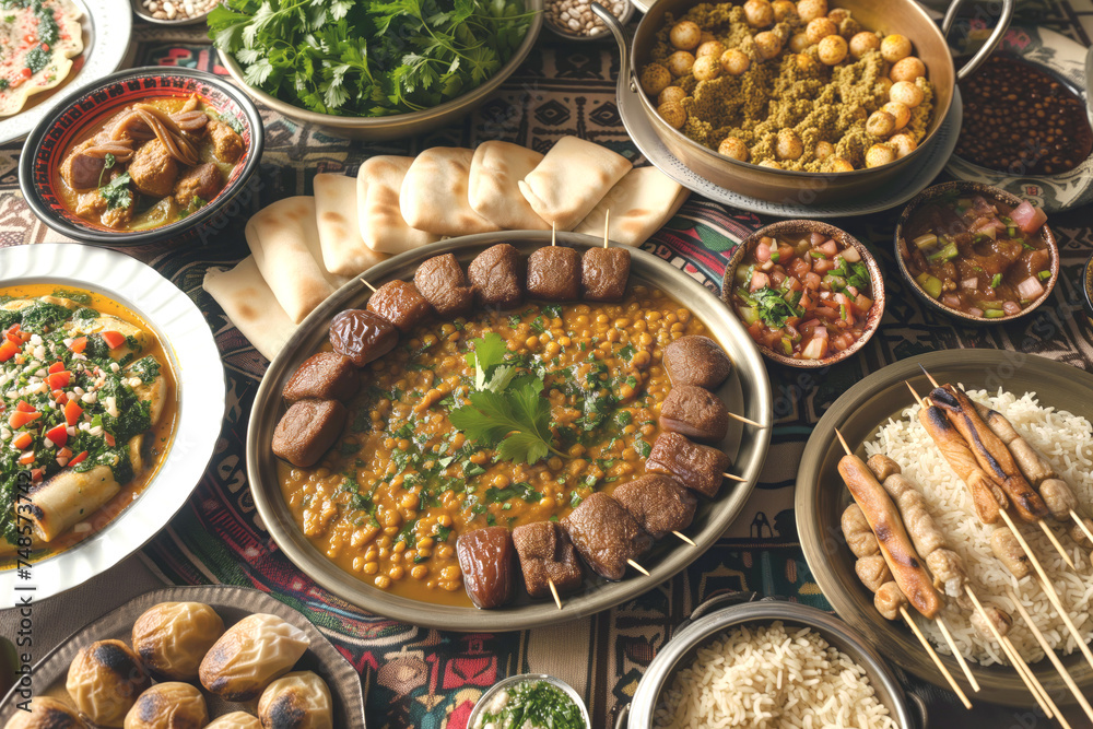Spread of traditional Ramadan dishes on table for fasting period. Cooked food to sustain and delight worshippers during sacred period Spread of traditional Ramadan dishes on table for fasting period. Cooked food to sustain and delight worshippers during sacred period