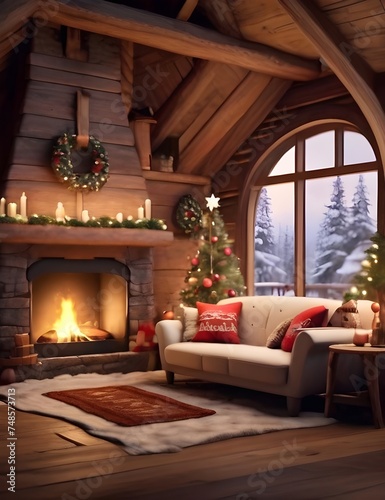 Cozy Wood Cabin Interior with Christmas Decorated Fireplace  Snow falling in the Forest -Seamless Loop Generative AI