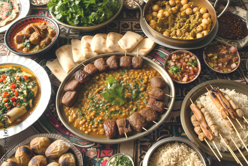Spread of traditional Ramadan dishes on table for fasting period. Cooked food to sustain and delight worshippers during sacred period