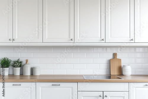 Kitchen interior design: Modern stylish scandinavian white kitchen cabinets with lighting, rural decoration and modern plates