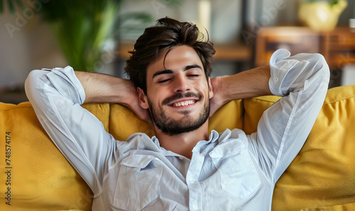 photo handsome business man smiling with hands behind head dozing on couch