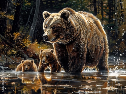 High fantasy: brown bear with cubs, full body, reflects emotions, dynamic lighting, complex, detailed, volumetric lighting, acrylic style, subtle colors, acrylic paint, high detail, high resolution