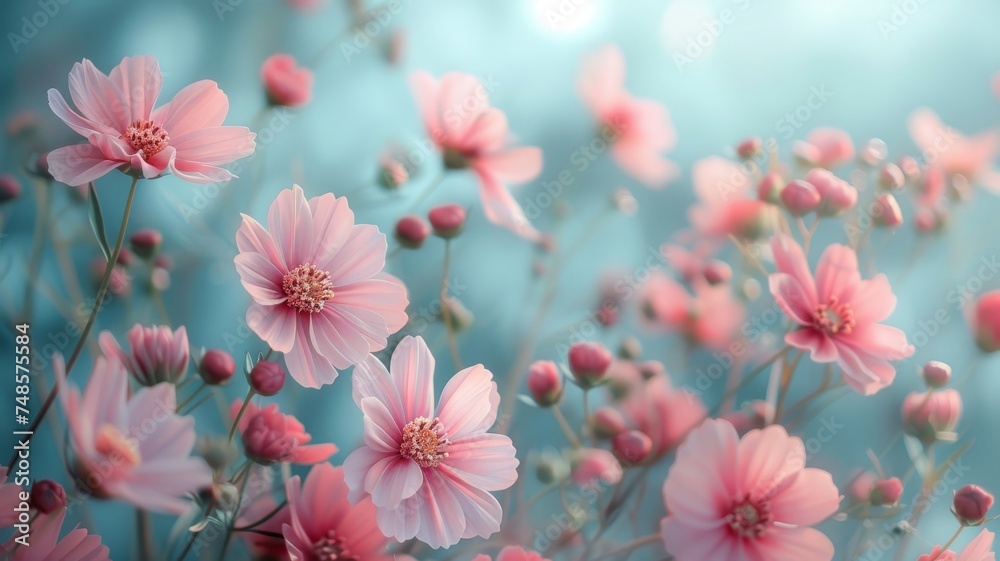 Pink flowers with a soft focus blurred background, Soft pink wild flowers in nature with a misty blurred background, romantic nature photo with beautiful pastel pink flowers and a teal background