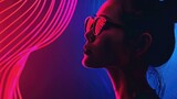 Stylish woman wearing sunglasses against vibrant neon backdrop. Perfect for fashion or summer themed projects