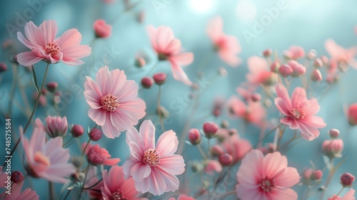 Pink flowers with a soft focus blurred background, Soft pink wild flowers in nature with a misty blurred background, romantic nature photo with beautiful pastel pink flowers and a teal background