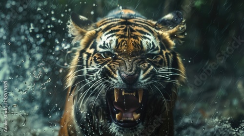 A tiger running through the water with its mouth open. Suitable for wildlife and nature concepts © Fotograf