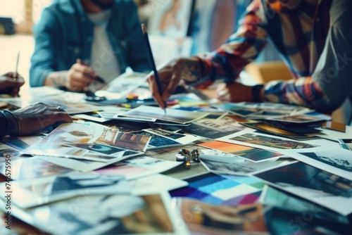 Group of people sitting around a table with pictures, suitable for business meetings or creative brainstorming sessions