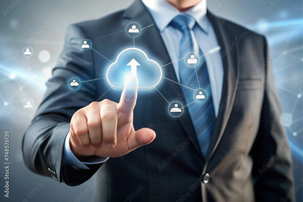 Businessman hand network cloud icons with network connections Businessman hand network cloud icons with network connections