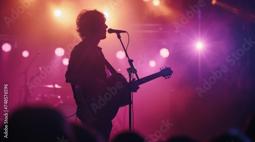 Musician playing guitar in front of microphone