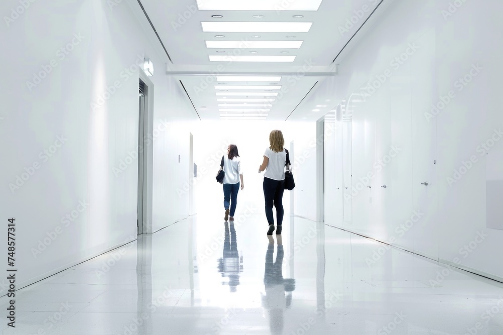 Two women walking together in a hallway. Suitable for business or education concepts