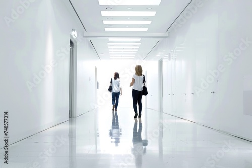 Two women walking together in a hallway. Suitable for business or education concepts