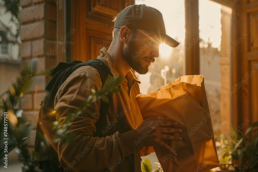 Courier in a cap examines a package during a warm sunset