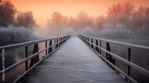 a wooden bridge over a body of water with snow ground and trees other side of the bridge. photo