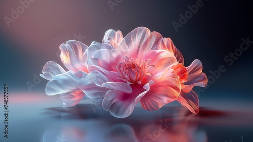 transparant silk flower  modern flower made from transparent fabric  modern abstract flower object  flower sculpture made of iridescent pink fabric  artificial flower on a neutral grey background