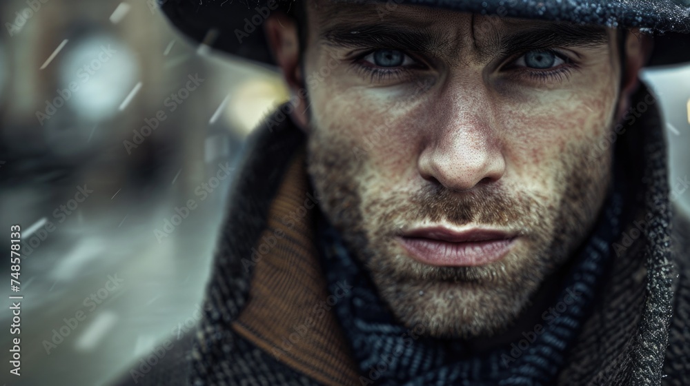 A man wearing a hat and scarf in the snow, suitable for winter-themed projects