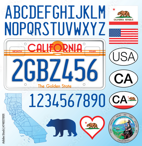 California state old vintage car license plate pattern, letters, numbers and symbols, vector illustration, United States of America