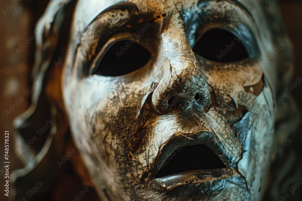 A close up of a mask on a table. Suitable for Halloween or mystery themed projects A close up of a mask on a table. Suitable for Halloween or mystery themed projects