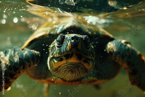 A close up of a turtle swimming in the water. Ideal for nature and wildlife concepts