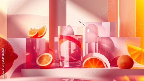 a painting of oranges, lemons, and a bottle of water in front of a background of geometric shapes. photo