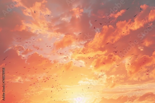 A flock of birds flying in the colorful sky at sunset. Suitable for nature and wildlife concepts