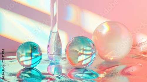 a group of glass balls sitting on top of a table next to a tall glass vase with a liquid inside of it. photo
