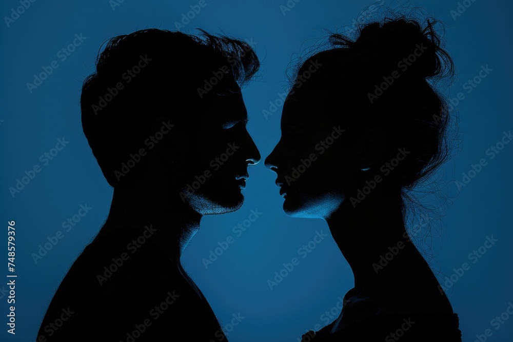 Two silhouettes of a man and a woman standing opposite each other. Ideal for relationship or communication concepts