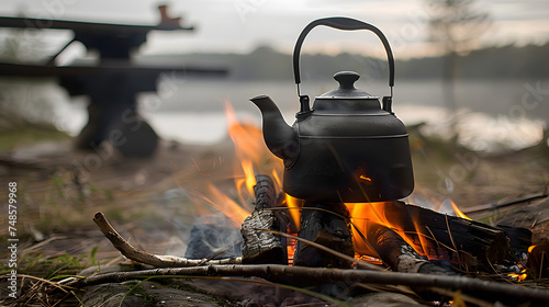 Vintage Black Steel Tea Kettle on Campfire