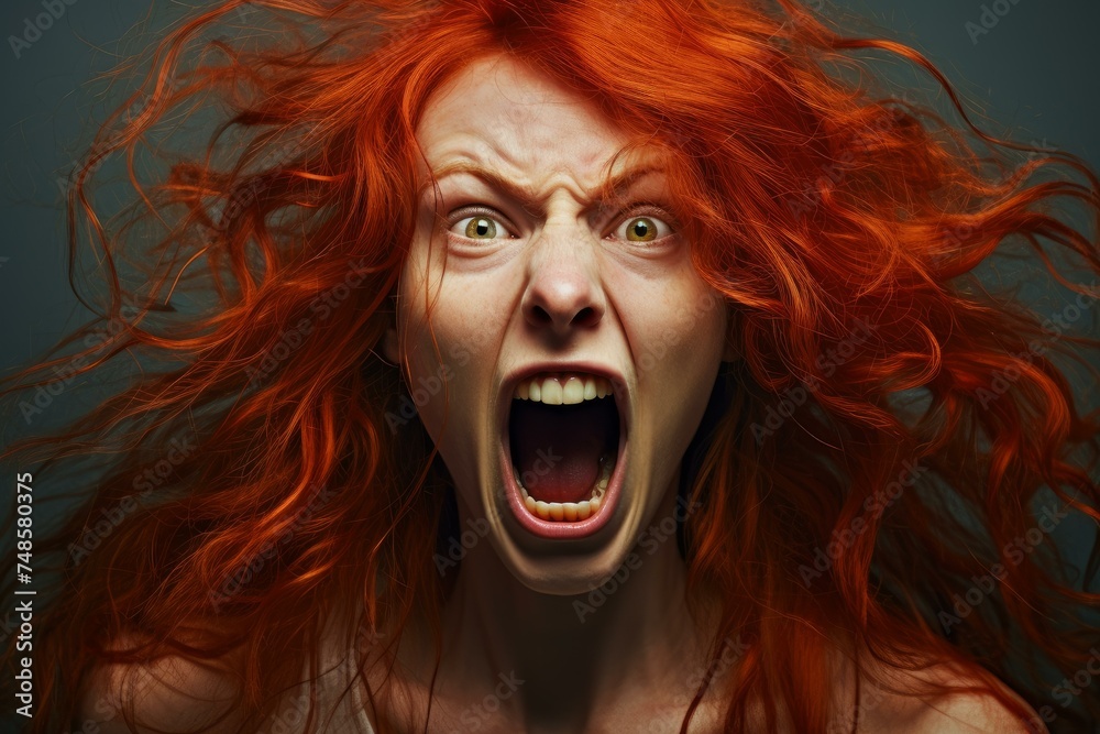 Intense Red hair woman scream closeup. Gesture fashion adult health emotion. Generate Ai