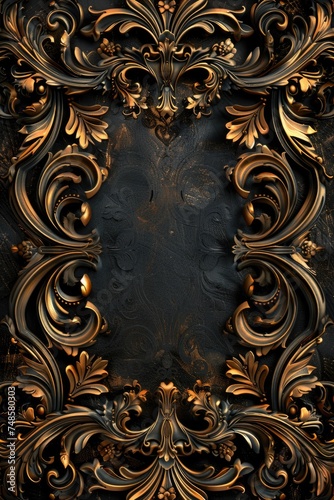 Elegant black and gold background with a decorative gold frame. Perfect for luxury and stylish designs