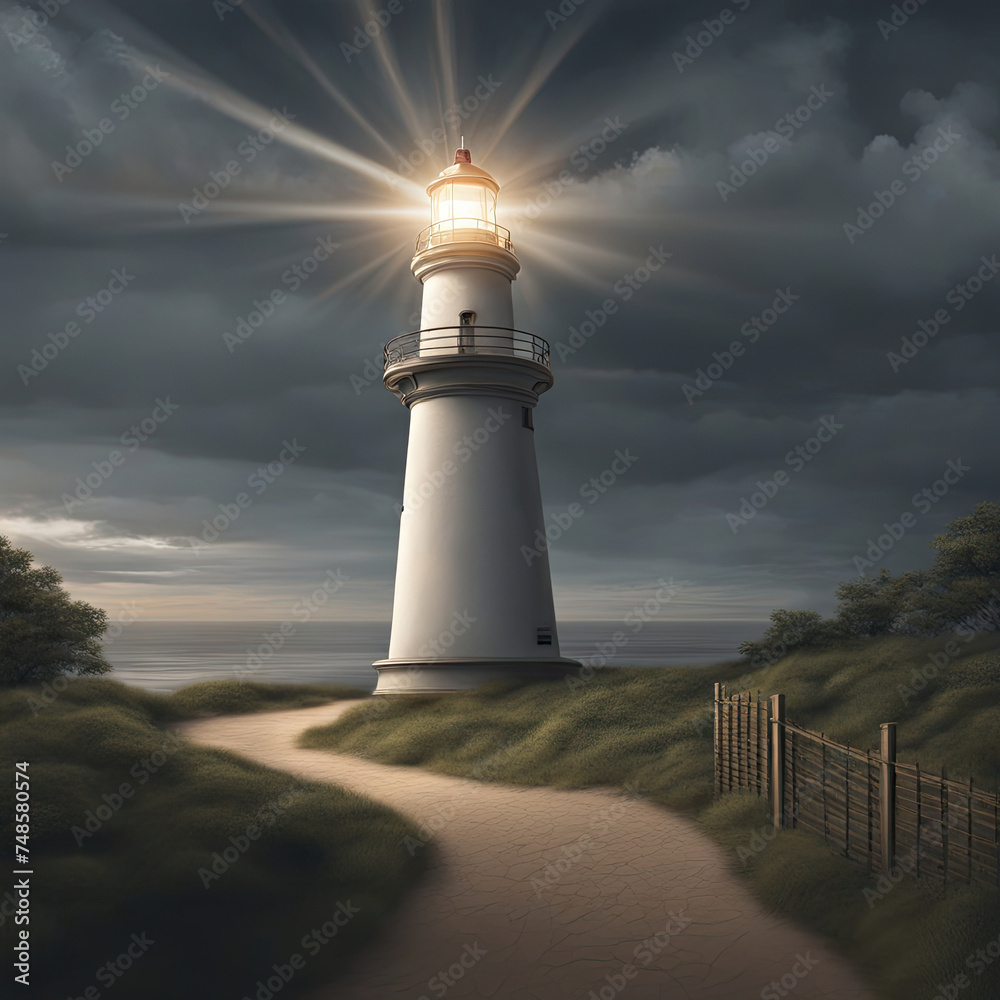 Glowing lighthouse on the shore at night
