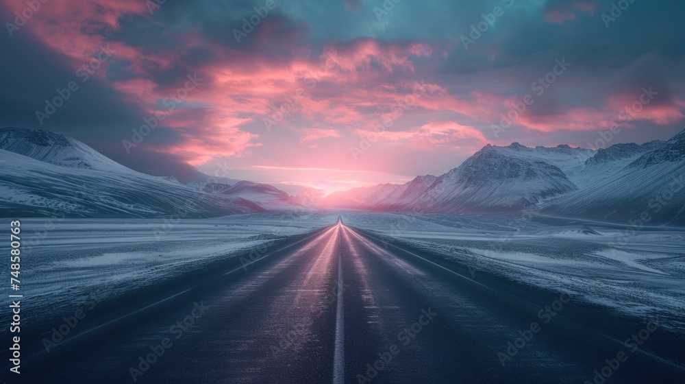 a long stretch of road in the middle of a mountain range with a sky filled with pink and blue clouds.