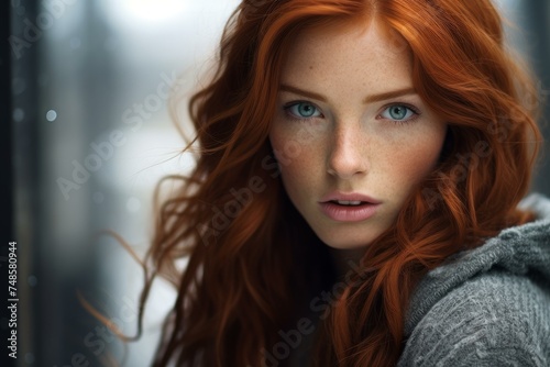 Captivating Hot redhead woman smile. Long hair. Generate Ai