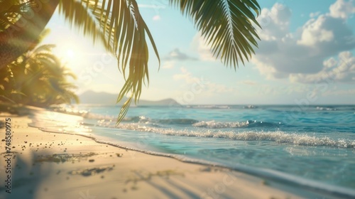 Scenic view of a palm tree on a sandy beach with the ocean in the background. Suitable for travel and vacation concepts