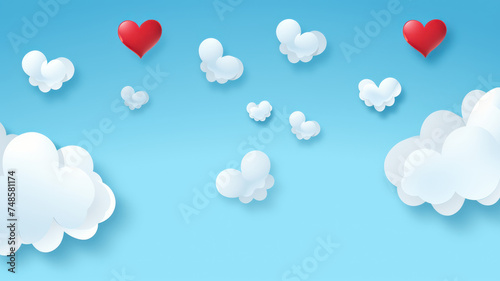 Poster or banner with red sky and paper cut clouds. Place for text. Happy Valentine's day