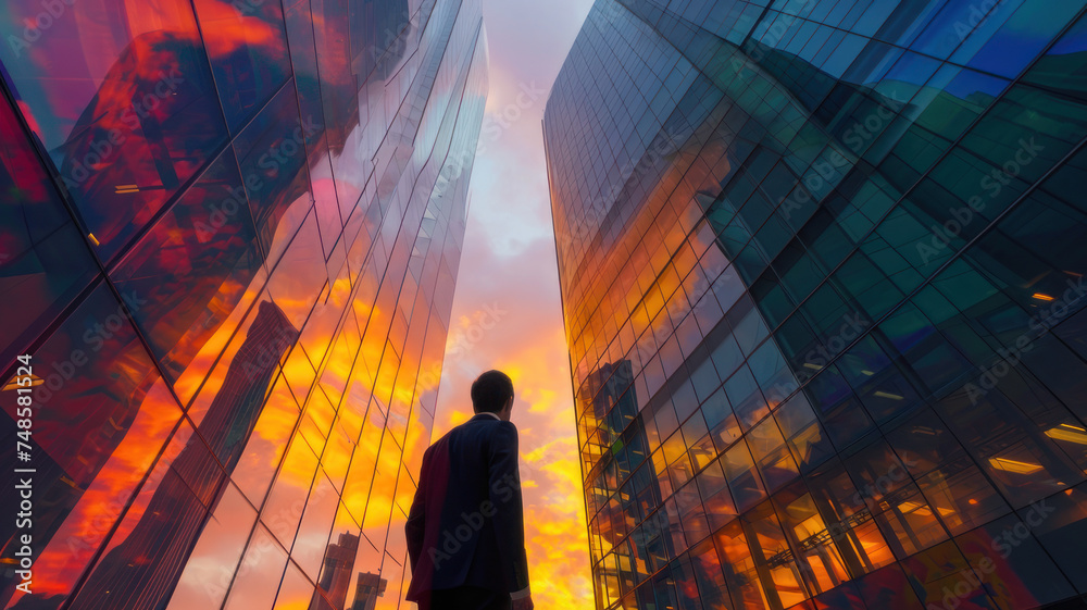 Fototapeta premium engineer, duble exposure with the sightly skyscraper, sunset colors