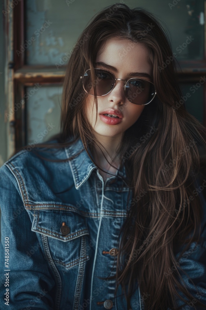 Stylish woman in sunglasses and denim jacket, perfect for fashion blogs or magazines Stylish woman in sunglasses and denim jacket, perfect for fashion blogs or magazines