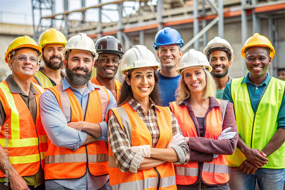 Group of male and female construction workers at the construction site Group of male and female construction workers at the construction site