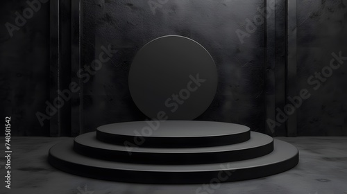 3D rendering of a black podium with a circular backdrop. The podium is made of three steps and has a glossy finish.