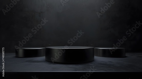 3D rendering of a dark and moody product display. The three black cylinders are set against a dark background, with a spotlight shining down on them.