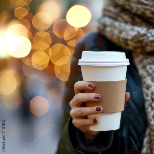 close up woman hold paper coffee cup use laptop on bokeh background