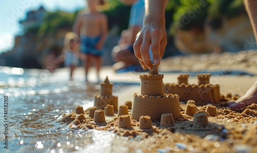 A child's hand building a s...