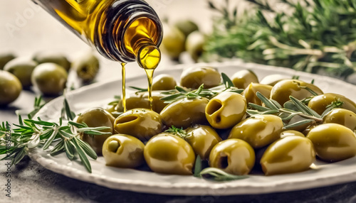 Elegante Versamento di Olio d'Oliva su un Piatto di Olive Verdi con Focaccia- Un'Esperienza Gustativa Mediterranea in un Banner Pubblicitario photo